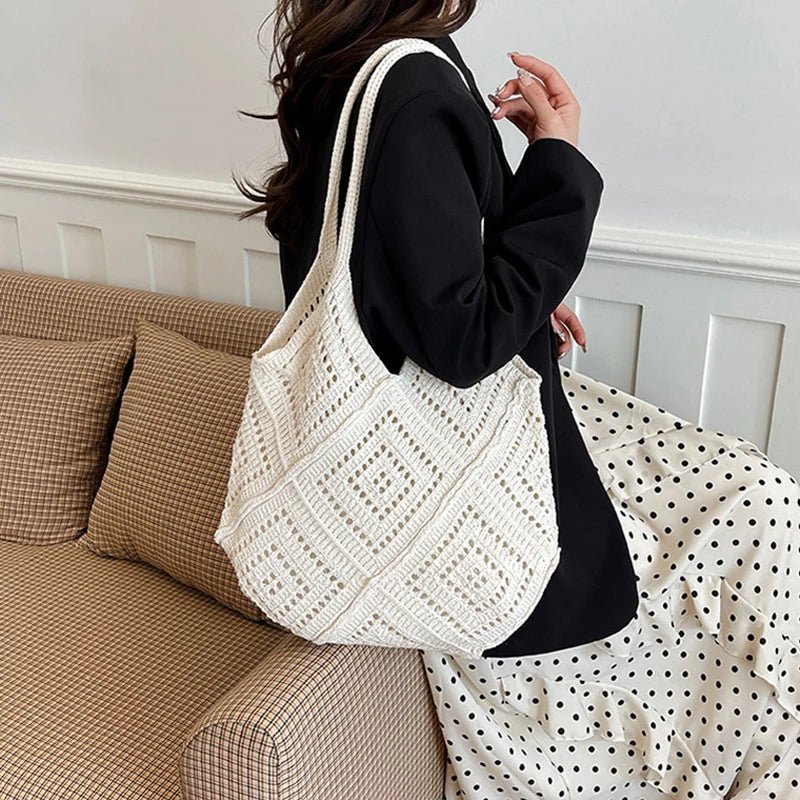 Yarn Hollow Out Large Capacity Shoulder Bags Summer New Ladies Bags Casual Soft Versatile Women's Handbags - Tara's Tiny Treasures
