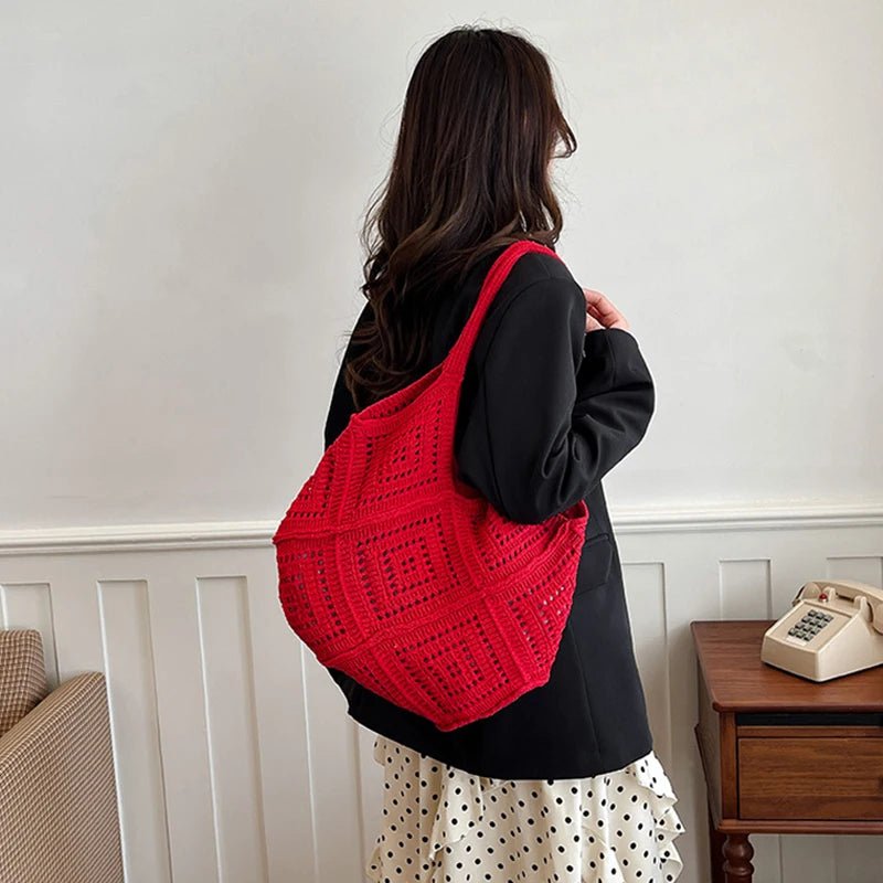 Yarn Hollow Out Large Capacity Shoulder Bags Summer New Ladies Bags Casual Soft Versatile Women's Handbags - Tara's Tiny Treasures