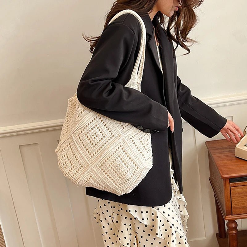 Yarn Hollow Out Large Capacity Shoulder Bags Summer New Ladies Bags Casual Soft Versatile Women's Handbags - Tara's Tiny Treasures