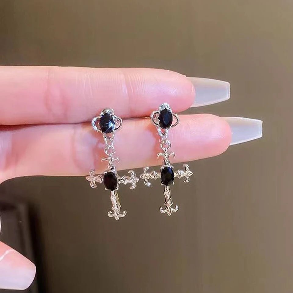 Yupsk Punk Fashion Black Crystal Stone Cross Drill Drop Earring for Women Girls Halloween Jewellery Statement Jewelry Gift - Tara's Tiny Treasures