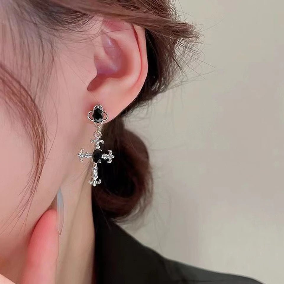Yupsk Punk Fashion Black Crystal Stone Cross Drill Drop Earring for Women Girls Halloween Jewellery Statement Jewelry Gift - Tara's Tiny Treasures