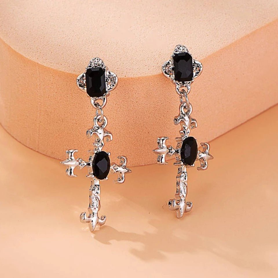 Yupsk Punk Fashion Black Crystal Stone Cross Drill Drop Earring for Women Girls Halloween Jewellery Statement Jewelry Gift - Tara's Tiny Treasures