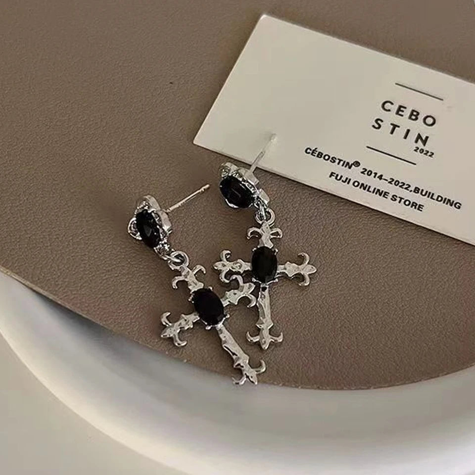Yupsk Punk Fashion Black Crystal Stone Cross Drill Drop Earring for Women Girls Halloween Jewellery Statement Jewelry Gift - Tara's Tiny Treasures