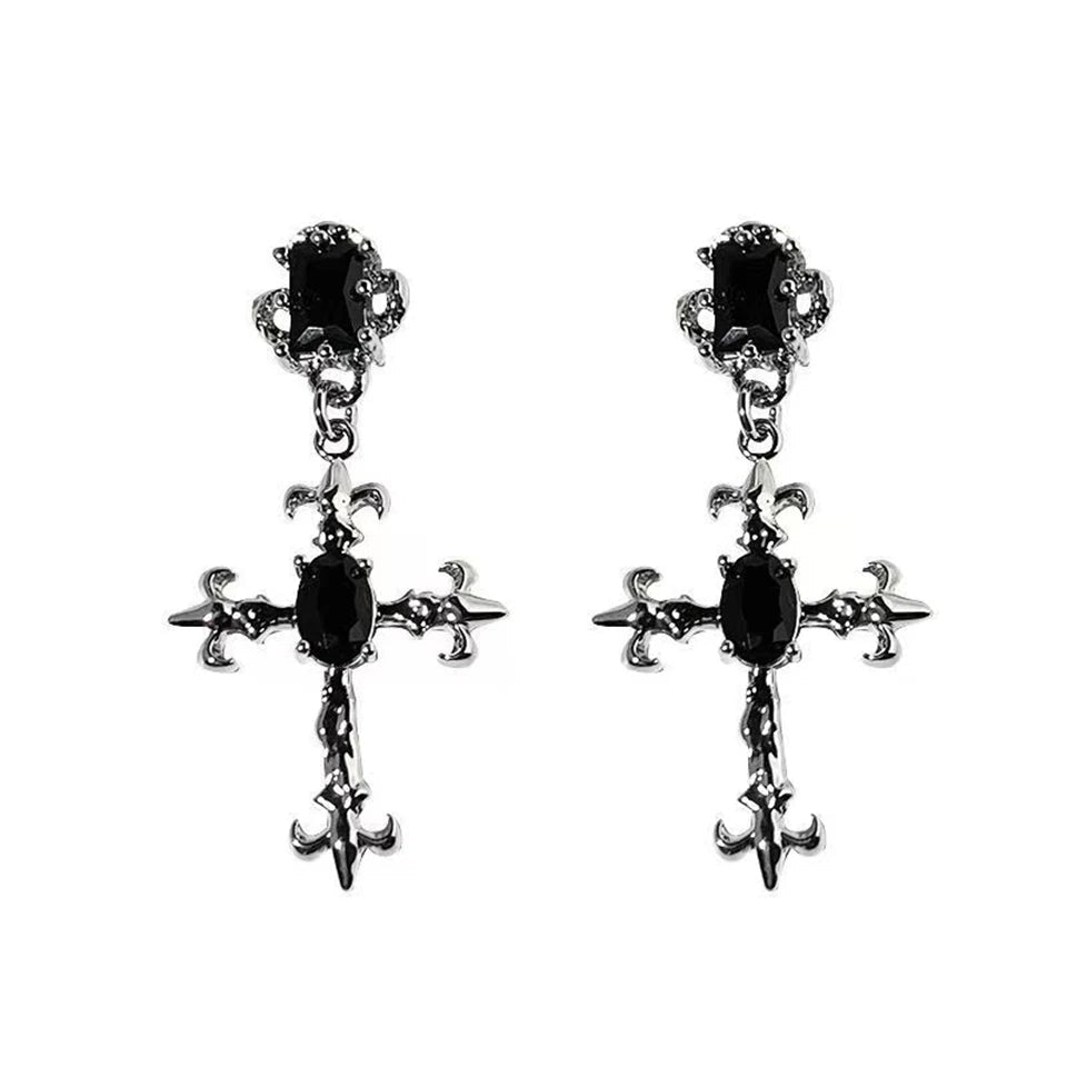 Yupsk Punk Fashion Black Crystal Stone Cross Drill Drop Earring for Women Girls Halloween Jewellery Statement Jewelry Gift - Tara's Tiny Treasures
