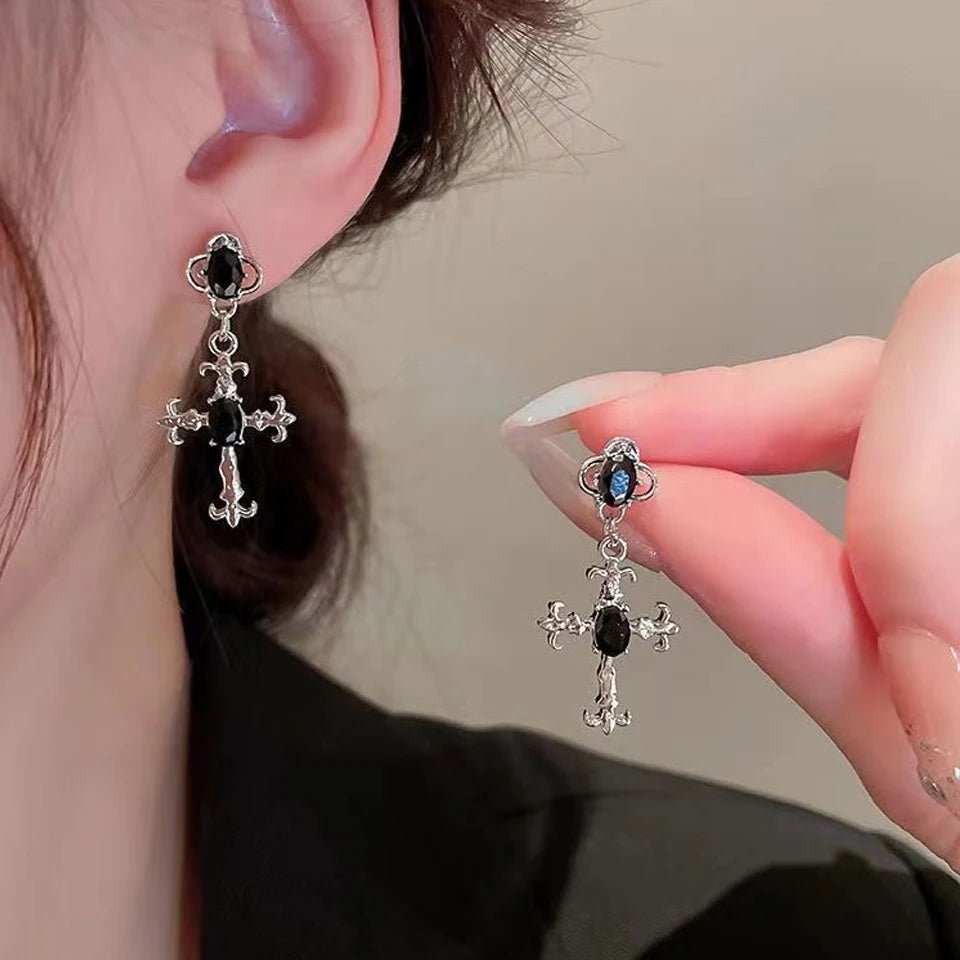 Yupsk Punk Fashion Black Crystal Stone Cross Drill Drop Earring for Women Girls Halloween Jewellery Statement Jewelry Gift - Tara's Tiny Treasures